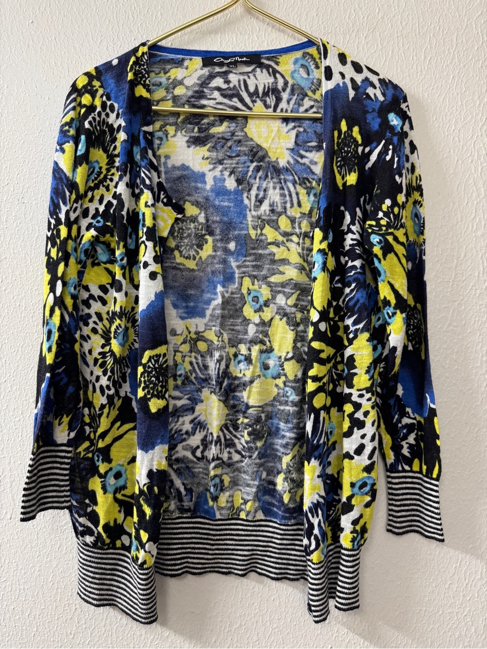 Cheryl Nash Colorful Floral Lightweight Button Front Cardigan with Striped Hem